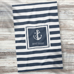 Navy Blue Striped Nautical Anchor Boat Name Theedoek
