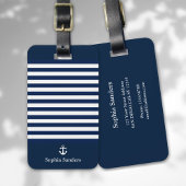 Navy Blue Striped Nautical Pattern Bagagelabel