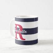 Navy Blue Stripes Crimson Monogram Koffiemok (Voorkant links)