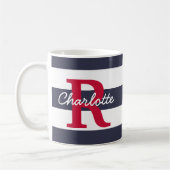 Navy Blue Stripes Crimson Monogram Koffiemok (Links)