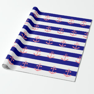 Navy Blue Stripes en Blush Pink Nautisch Anker Cadeaupapier