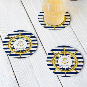 Navy Blue Stripes en Gold Nautical Wedding Ronde Kartonnen Onderzetter