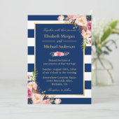 Navy Blue Stripes Floral | Classy Formal Wedding Kaart (Staand voorkant)