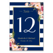 Navy Blue Stripes Floral Wedding Table Number Kaart (Achterkant)