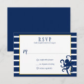 Navy Blue Stripes Goud Details Nautische RSVP | Kaartje (Voorkant / Achterkant)