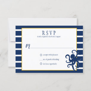 Navy Blue Stripes Goud Details Nautische RSVP Kaartje