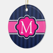Navy Blue Stripes Hot Pink Custom Monogram Keramisch Ornament (Links)