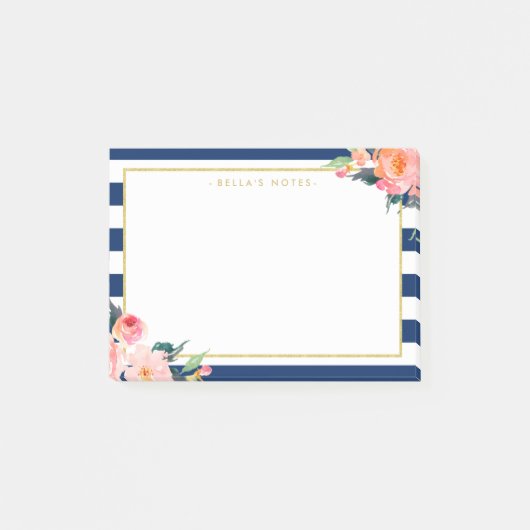 Navy Blue Stripes Modern Flowers Gold Lijst Post-it® Notes (Voorkant)