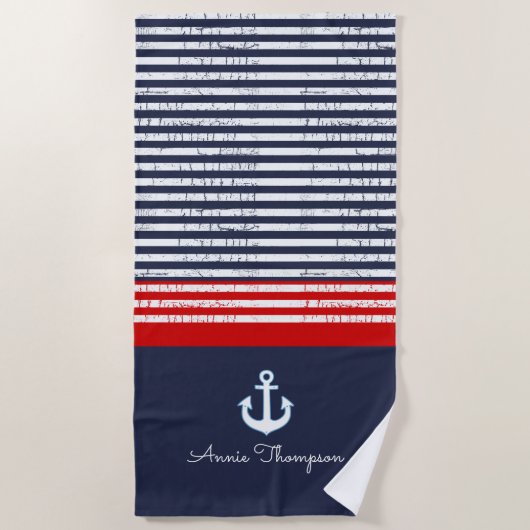 Navy Blue Stripes + naam en nautisch anker Strandlaken (Voorkant)