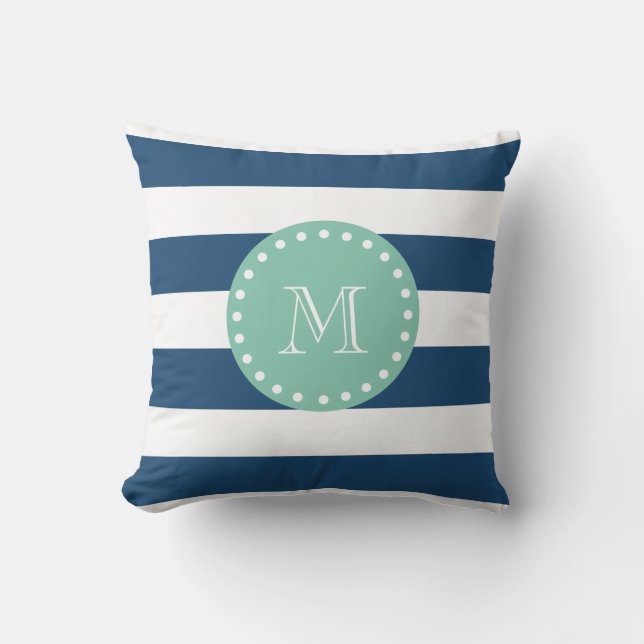 Navy Blue Stripes Pattern, Mint Green Monogram Kussen (Voorkant)
