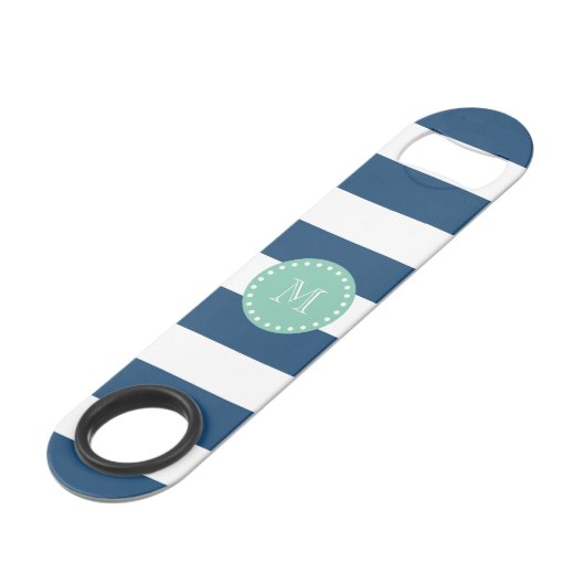 Navy Blue Stripes Pattern, Mint Green Monogram Speed Flessenopener (Voorkant Gekanteld)