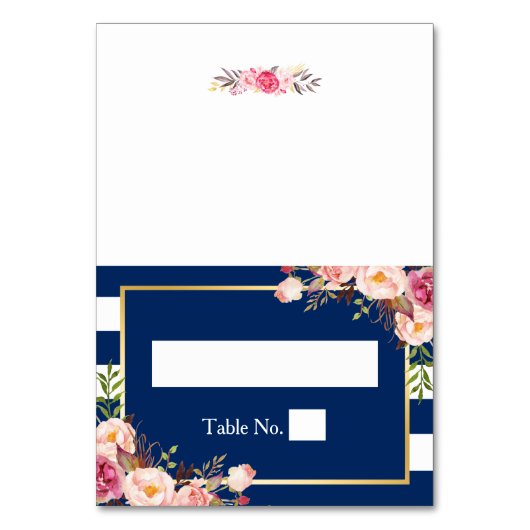 Navy Blue Stripes Roze Bloemen DIY Trouwplaats Kaart (Voorkant)