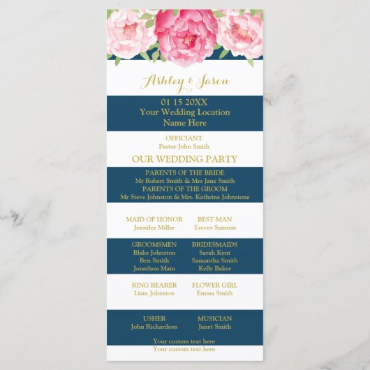 Navy Blue Stripes Roze Waterverf Trouwprogramma Programma (Achterkant)