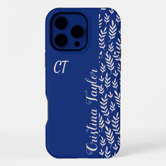 Navy Blue & Struik roze Bladpatroon monogrammed iPhone Hoesje (Achterkant)