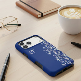 Navy Blue & Struik roze Bladpatroon monogrammed iPhone 16 Pro Max Hoesje