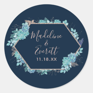 Navy Blue Succulenten & Roos Gold Monogram Bruilof Ronde Sticker