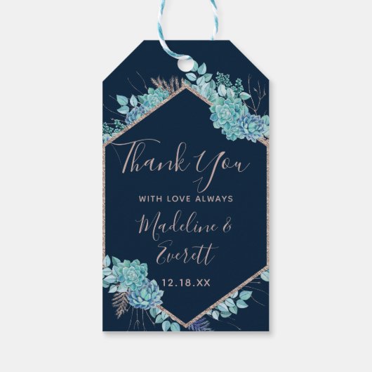 Navy Blue Succulenten & Roos Gold Wedding Dank u Cadeaulabel (Achterkant)