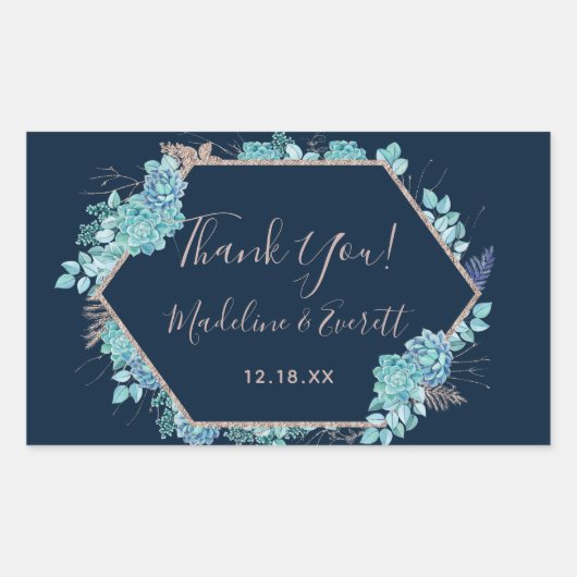 Navy Blue Succulenten & Roos Gold Wedding Dank u Rechthoekige Sticker (Voorkant)