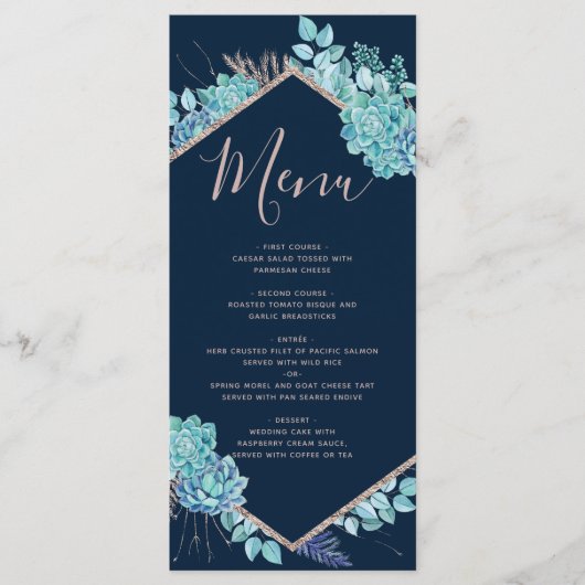 Navy Blue Succulenten & Roos Gold Wedding Menu (Voorkant)