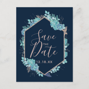 Navy Blue Succulents & Roos Gold Save the Date Aankondigingskaart