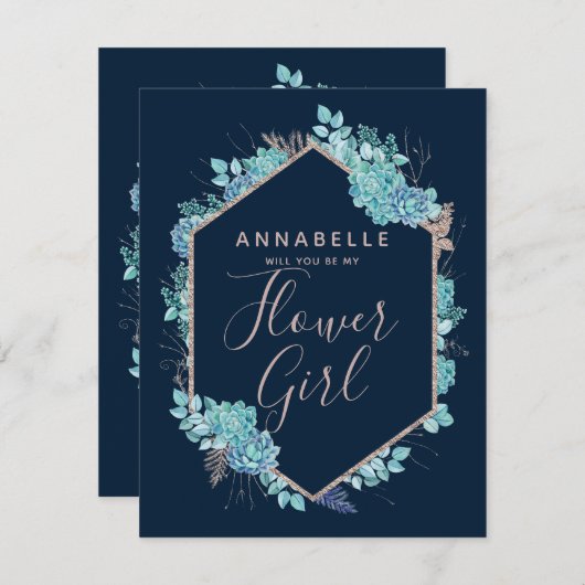 Navy Blue Succulents wordt mijn Bloemenmeisje Kaart (Voorkant / Achterkant)