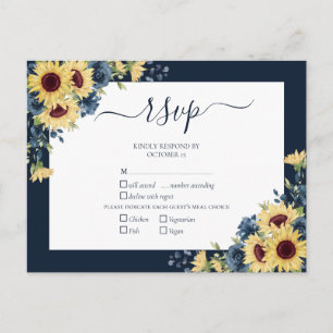 Navy Blue Sunflower Botanical Script Weddenschap R Uitnodiging Briefkaart