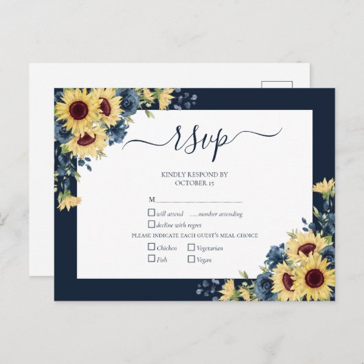 Navy Blue Sunflower Botanical Script Weddenschap R Uitnodiging Briefkaart (Voorkant / Achterkant)