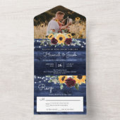Navy Blue Sunflower Burgundy Rozen Foto Weddenscha All In One Uitnodiging (Binnen)