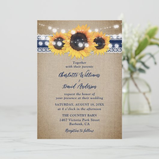 Navy Blue Sunflower Burlap Wedding Kaart (Staand voorkant)