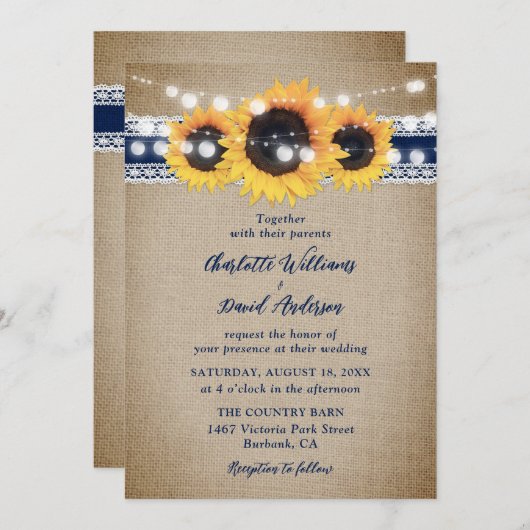 Navy Blue Sunflower Burlap Wedding Kaart (Voorkant / Achterkant)