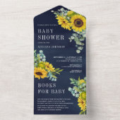 Navy Blue Sunflower Eucalyptus Leaves Baby shower All In One Uitnodiging (Binnen)