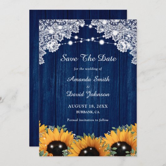 Navy Blue Sunflower Eucalyptus Weddenschap Save The Date (Voorkant / Achterkant)