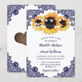 Navy Blue Sunflower Floral Lace Rustic Wedding Kaart (Voorkant / Achterkant)