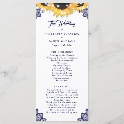 Navy Blue Sunflower Floral Lace Wedding Program Programma (Voorkant)