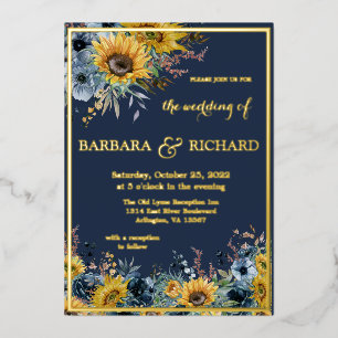Navy Blue Sunflower Floral Wedding Gold Folie Uitnodiging