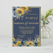 Navy Blue Sunflower Floral Wedding Kaart (Staand voorkant)