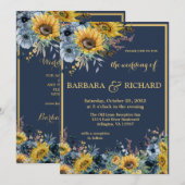 Navy Blue Sunflower Floral Wedding Kaart (Voorkant / Achterkant)