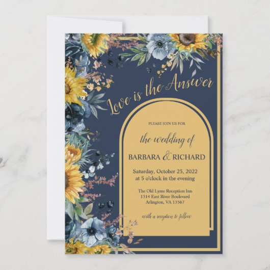 Navy Blue Sunflower Floral Wedding Kaart (Voorkant)