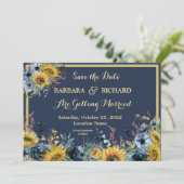 Navy Blue Sunflower Floral Wedding Save Date Kaart (Staand voorkant)
