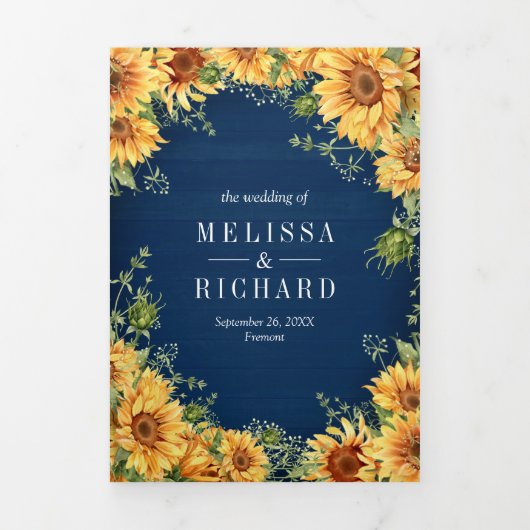 Navy Blue Sunflower Mason Jar QR Code Weddenschap Drieluik Uitnodiging (Cover)
