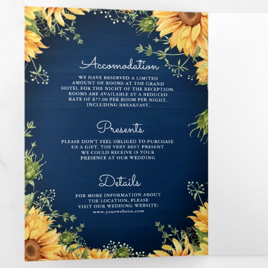 Navy Blue Sunflower Mason Jar QR Code Weddenschap Drieluik Uitnodiging (Binnenzijde eerst)