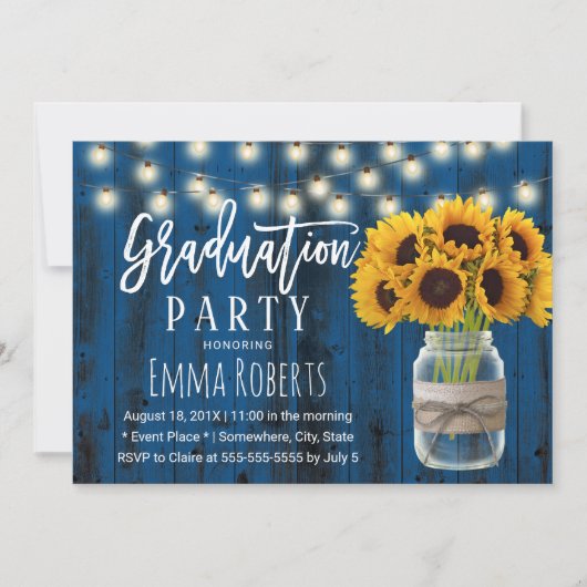 Navy Blue Sunflower Mason Jar Rustic Afstuderen Kaart (Voorkant)