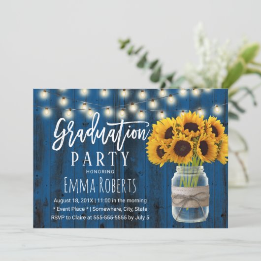 Navy Blue Sunflower Mason Jar Rustic Afstuderen Kaart (Staand voorkant)