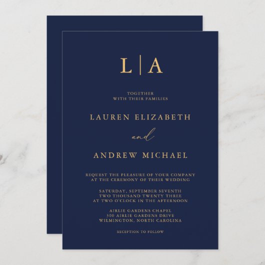 Navy Blue Sunflower Monogram Minimalistisch huweli Kaart (Voorkant / Achterkant)