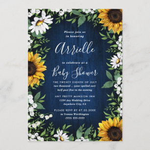 Navy Blue Sunflower Rustic Country Baby shower Kaart