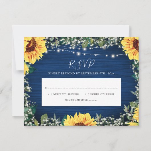 Navy Blue Sunflower Rustic RSVP (Voorkant)