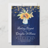 Navy Blue Sunflower Rustic Wedding Invitations Kaart (Voorkant)
