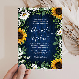 Navy Blue Sunflower Rustic Wedding Invitations Kaart