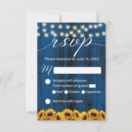 Navy Blue Sunflower Rustic Wedding RSVP (Voorkant)