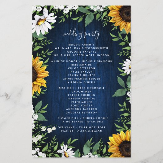 Navy Blue Sunflower Rustic Wood Wedding Programs (Achterkant)